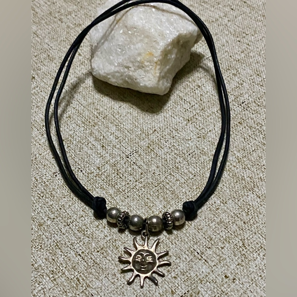 ☀️🌞Silver necklace, and leather strap, round beads and Sun pendant,handmade🌞☀️